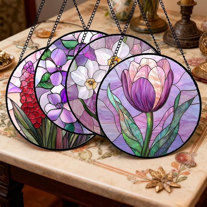 DASTOLL Stained Glass Window Hanging 4 Pcs Set Purple Flower Theme Large 15" - Image 2