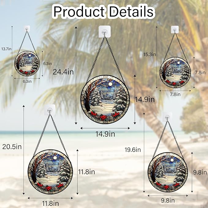 DASTOLL Stained Glass Window Hanging Christmas Tree Winter Snow Night Scenery - Image 5