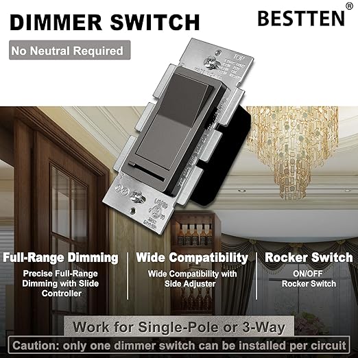 BESTTEN Matte Brown Dimmer Wall Light Switch, Single Pole or 3-Way, Compatible - Image 2