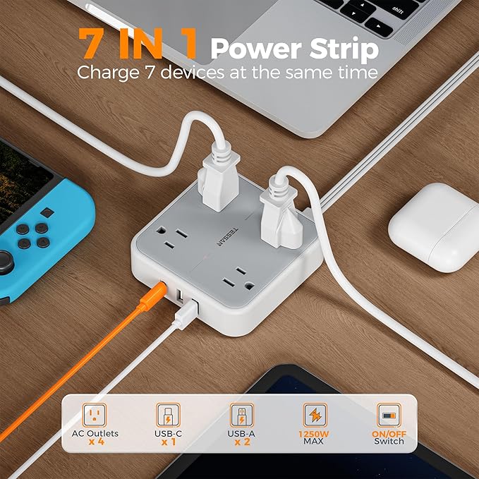 Surge Protector Flat Extension Cord 15Ft, TESSAN Flat Plug Power Strip - Image 4