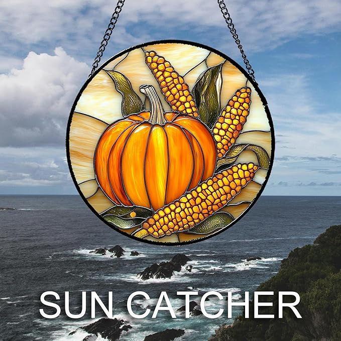 DASTOLL Stained Glass Window Hanging Autumn Harvest Pumpkin Corn 9.8" - Image 2