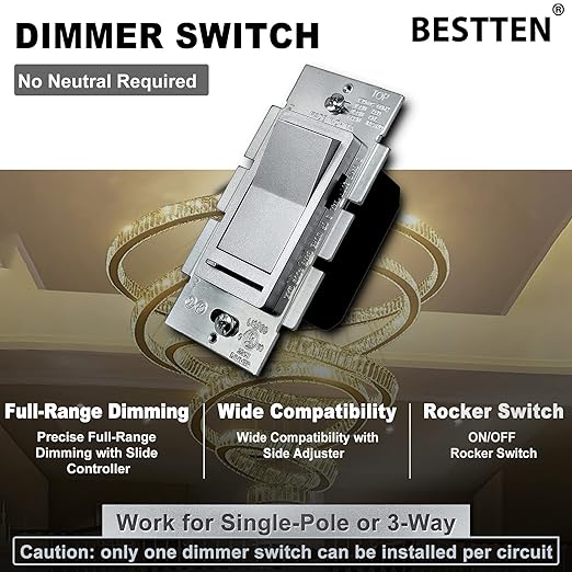 BESTTEN 10 Pack Matte Silver Dimmer Light Switch, Single Pole or 3-Way - Image 3