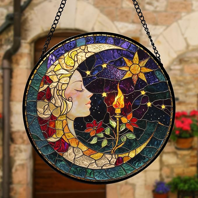 DASTOLL Stained Glass Window Hanging, Moon Goddess Torch Suncatcher Diamond - Image 5