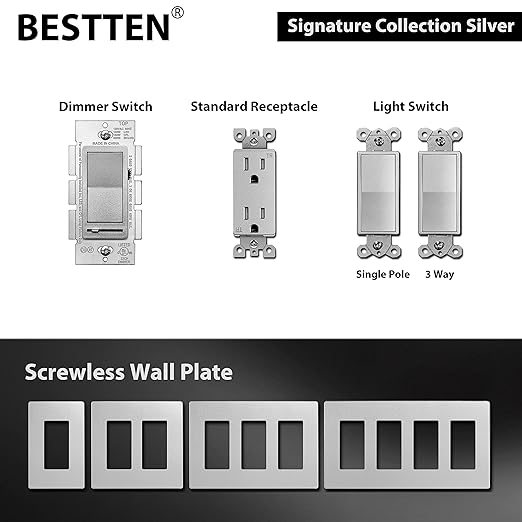 BESTTEN Matte Silver Dimmer Light Switch, Single Pole or 3-Way, Compatible - Image 4