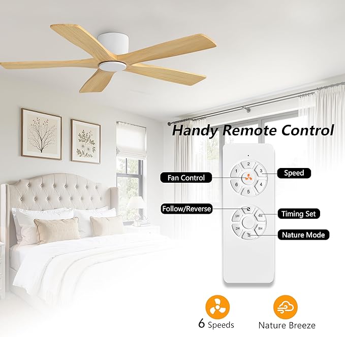 WINGBO 48" Flush Mount DC Ceiling Fans Without Lights, 5 Carved Solid Wood - Image 7