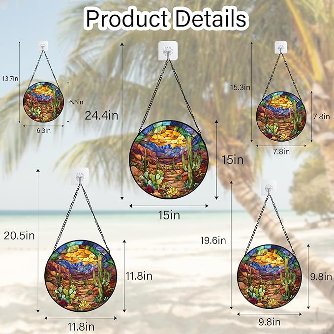 CRISGIF Stained Glass Window Hanging Cactus Mountains Landscape Large 11.8" - Image 7
