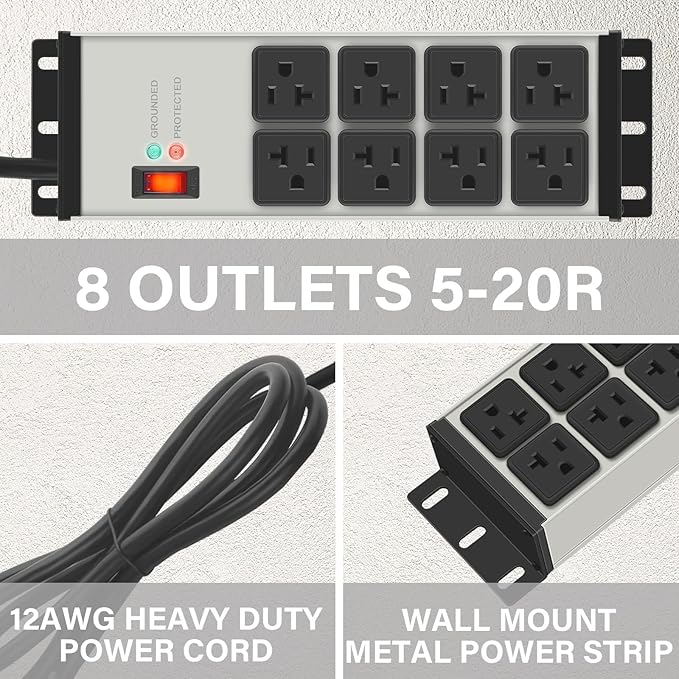 CCCEI 2PCS Heavy Duty Power Strip Surge Protector 20 AMP, 8 Outlets 12 Gauge - Image 3