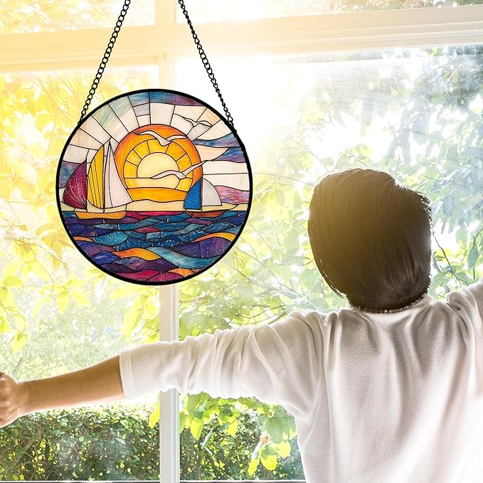 DASTOLL Stained Glass Window Hanging, Sailboat and Waves Suncatcher Diamond - Image 5