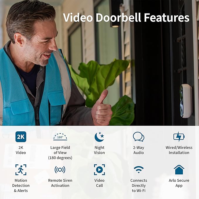 Arlo Video Doorbell 2K, Wireless or Wired Option, 2-Way Audio, Night Vision - Image 2