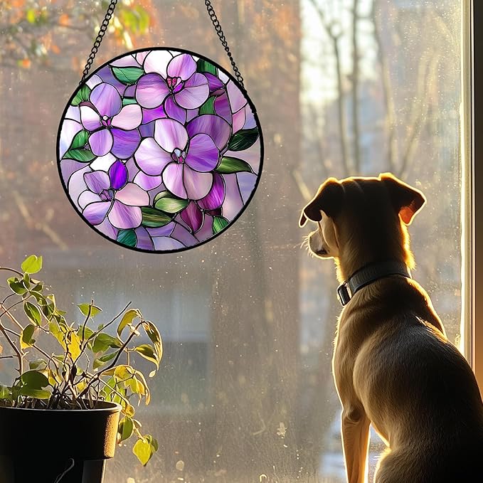 DASTOLL Stained Glass Window Hanging 4 Pcs Set Purple Flower Theme 7.8" - Image 4