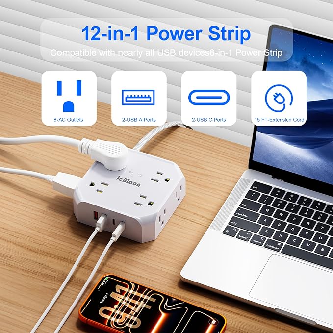 Multiple Outlets Surge Protector Power Strip, 15ft Braided Long Extension Cord - Image 2