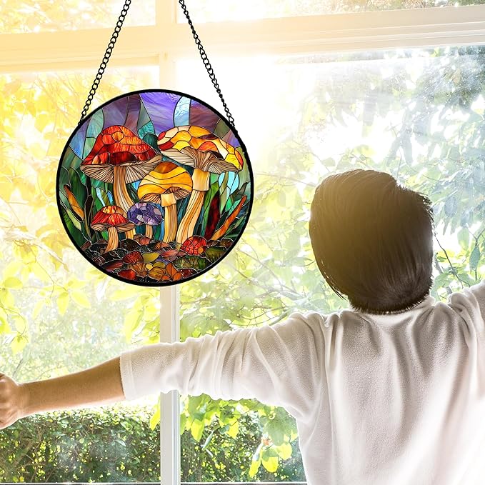 DASTOLL Stained Glass Window Hanging, Jungle Mushrooms Sun Catchers Diamond - Image 4