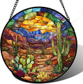 CRISGIF Stained Glass Window Hanging Cactus Mountains Landscape 6.3" by Follow