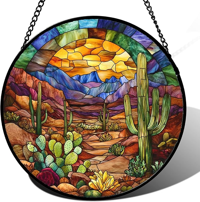 CRISGIF Stained Glass Window Hanging Cactus Mountains Landscape Large 15" by Follow