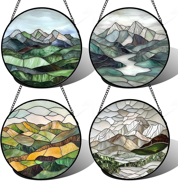 AMDERVEN Stained Glass Window Hanging 4 Pcs Set Mountain River Landscape 6.3" by amderven