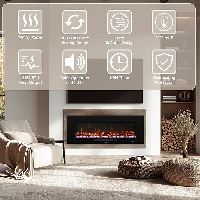 50" Electric Fireplace, Recessed & Wall Mounted Fireplace Heater 13 * 13 Colors - Image 9