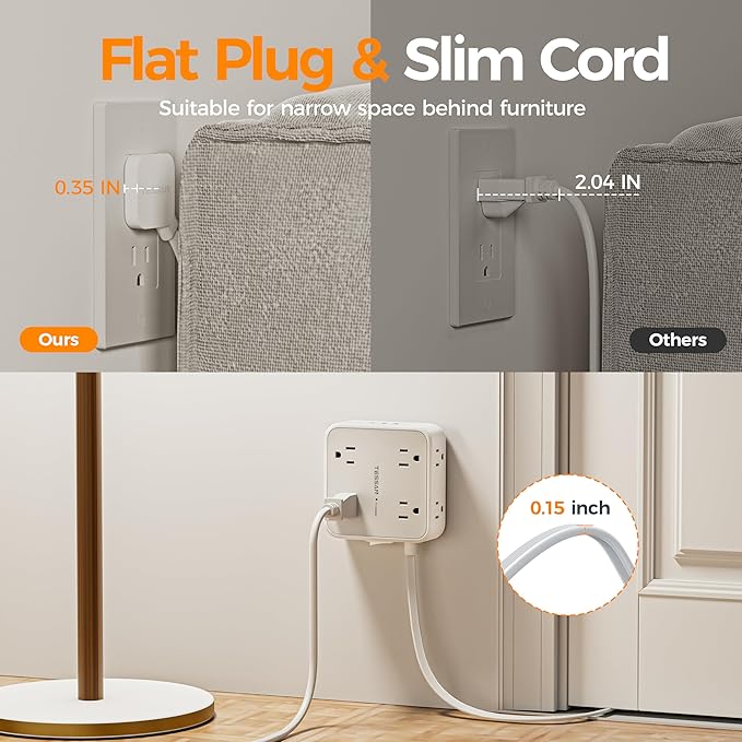 Surge Protector Power Strip, TESSAN Flat Plug Extension Cord - Image 3