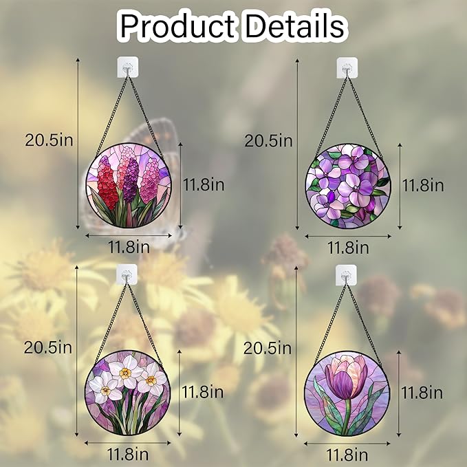 DASTOLL Stained Glass Window Hanging 4 Pcs Set Purple Flower Theme Large 11.8" - Image 6