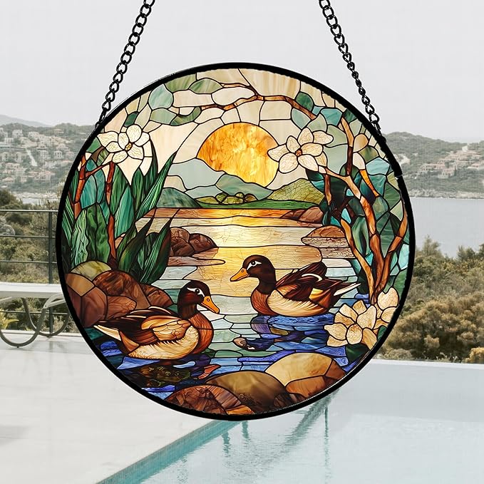 AMDERVEN Stained Glass Window Hanging, Ducks in The Pond Sun Catcher - Image 5