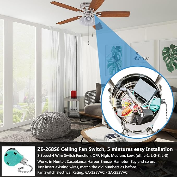 Ceiling Fan Switch, 4 Wire Zing Ear ZE-268S6 Pull Chain Switch Replacement 3 - Image 2