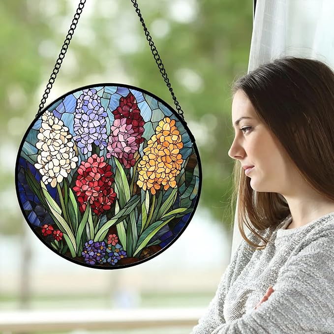 DASTOLL Stained Glass Window Hanging, Colorful Hyacinth Flowers Suncatcher - Image 4