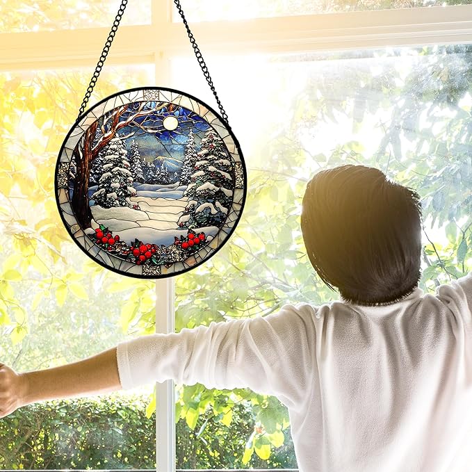 DASTOLL Stained Glass Window Hanging Christmas Tree Winter Snow Night Scenery - Image 3