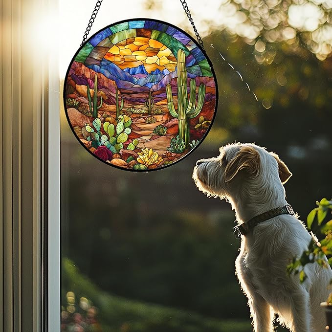 CRISGIF Stained Glass Window Hanging Cactus Mountains Landscape Large 11.8" - Image 2