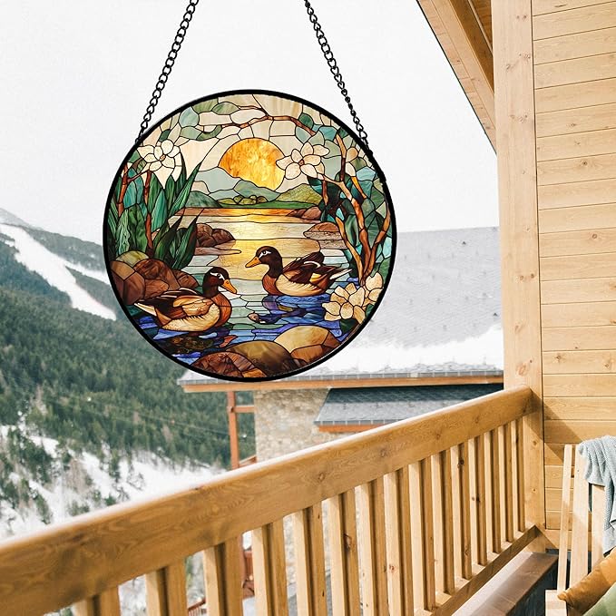 AMDERVEN Stained Glass Window Hanging, Ducks in The Pond Sun Catcher - Image 2