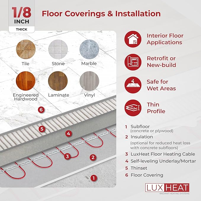 LuxHeat 50sqft Floor Heating Cable Kit - 240v Heated Tile Floor System - Heated - Image 3