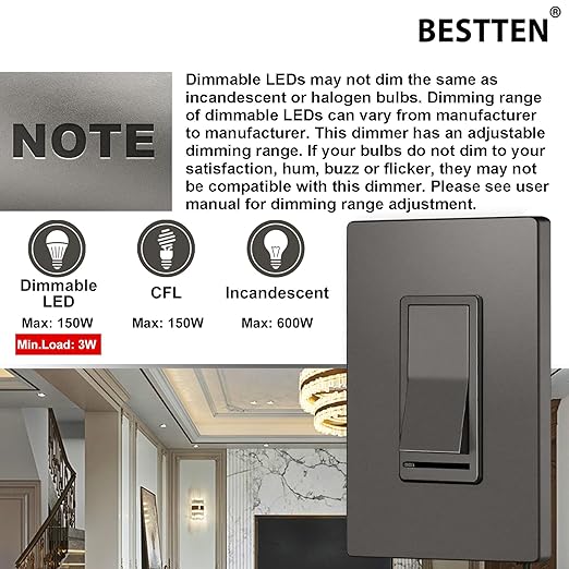 BESTTEN 10 Pack Matte Brown Dimmer Light Switch, Single Pole or 3-Way, - Image 7