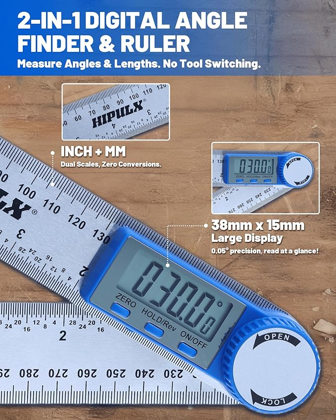 HIPULX Digital Angle Finder Ruler, 7 Inch 2-in-1 Stainless Steel Angle Finder - Image 2