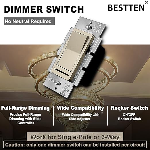 BESTTEN Matte Champagne Gold Dimmer Light Switch, Single Pole or 3-Way - Image 2