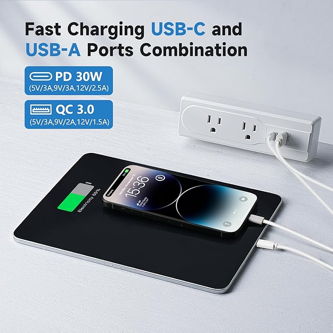 Desk Clamp Power Strip with 6 Feet Extension Cord, 45 Degree 3-Prong Thin Flat - Image 4
