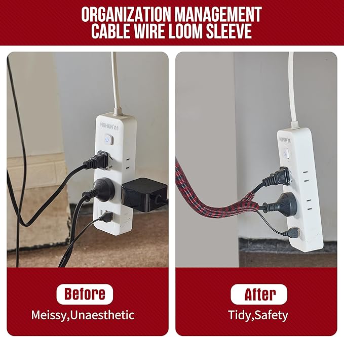 QCSIW Split Cable Sleeve, 1/2 Inch 10ft Black Red Braided Wire Loom - Image 9