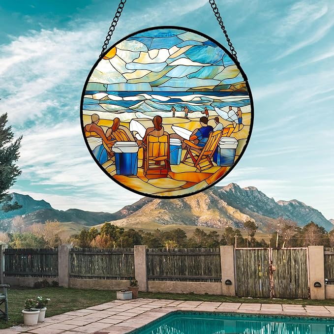 AMDERVEN Stained Glass Window Hanging 4 Pcs Set Blue Ocean Surfing Beach Large - Image 5
