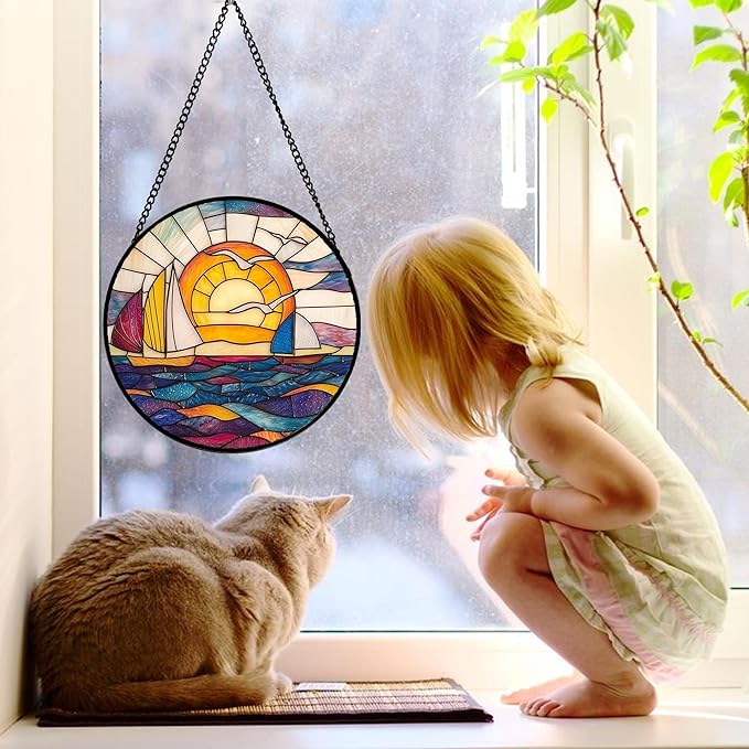 DASTOLL Stained Glass Window Hanging, Sailboat and Waves Suncatcher Diamond - Image 4