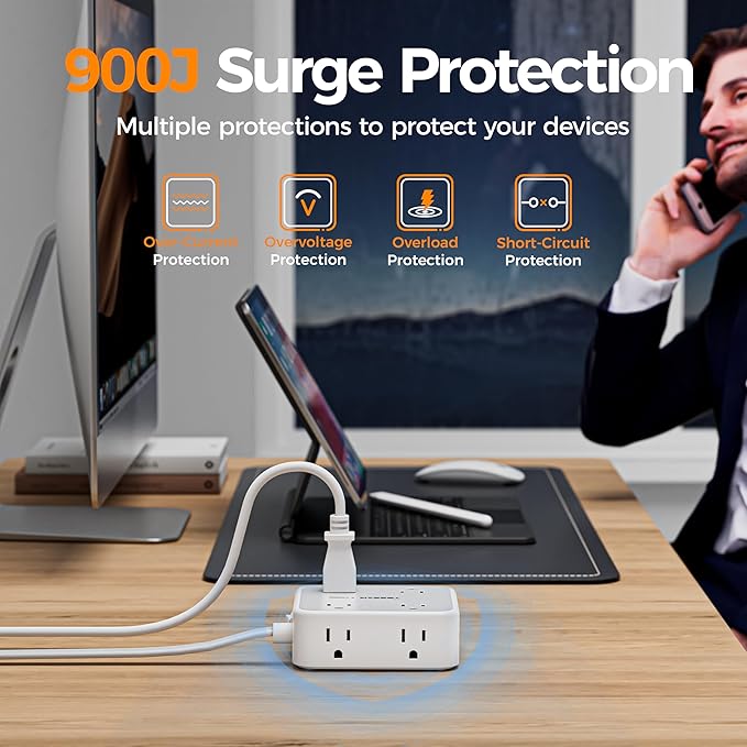 TESSAN 10 Ft Surge Protector Power Strip, 3 USB 8 Outlets, Flat Plug Extension - Image 6
