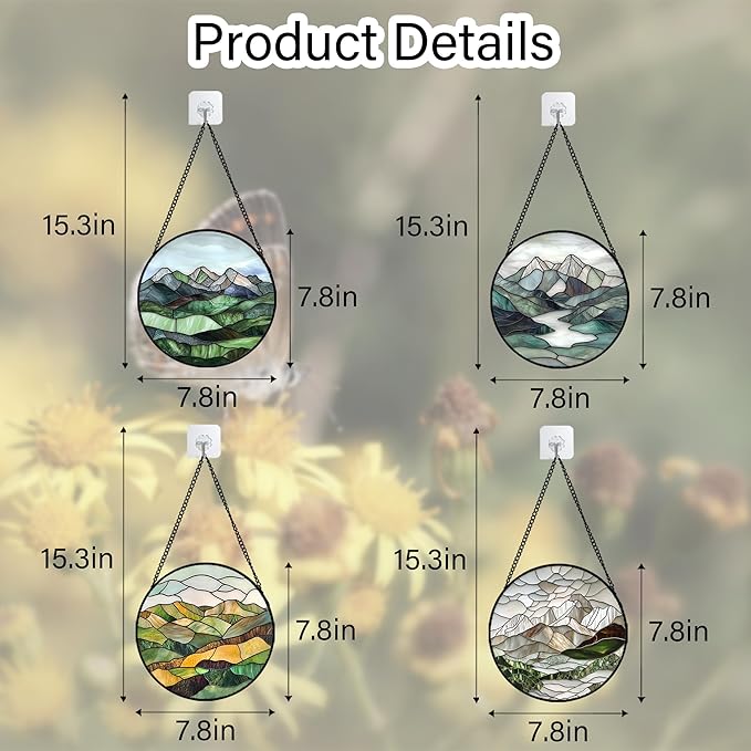 AMDERVEN Stained Glass Window Hanging 4 Pcs Set Mountain River Landscape 7.8" - Image 6