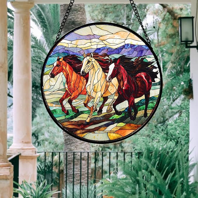 DASTOLL Stained Glass Window Hanging, Colorful Landscape Running Horse - Image 2