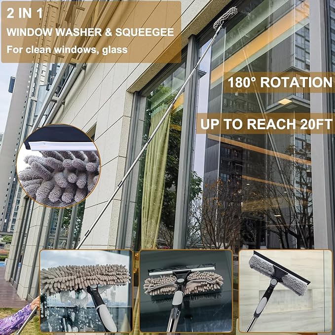 20+ Feet Reach 2 in 1 Window Washing Squeegee & Duster - Image 6