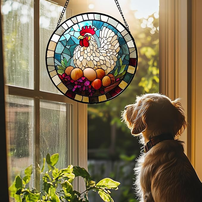 DASTOLL Stained Glass Window Hanging White Chicken Hatching Eggs 6.3" - Image 2