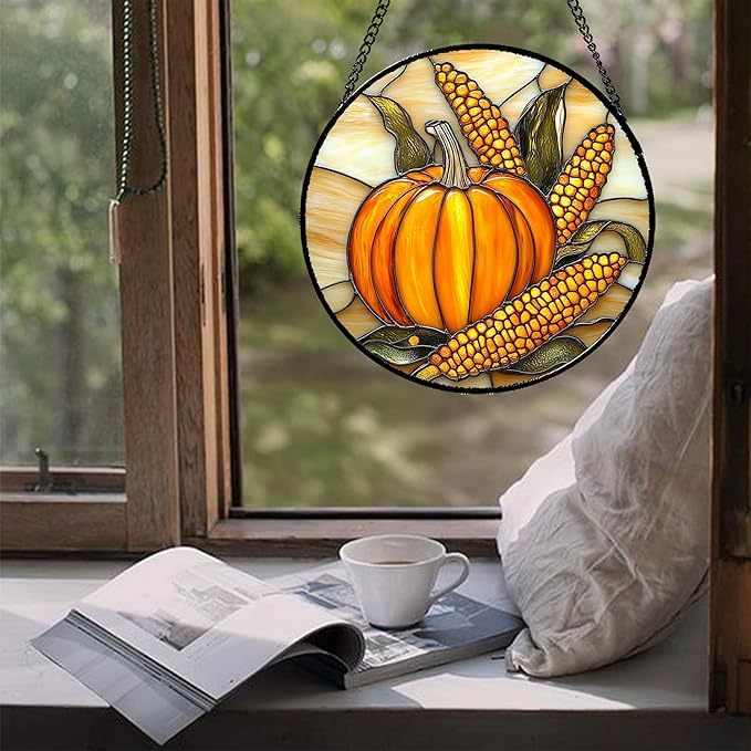 DASTOLL Stained Glass Window Hanging Autumn Harvest Pumpkin Corn 9.8" - Image 5