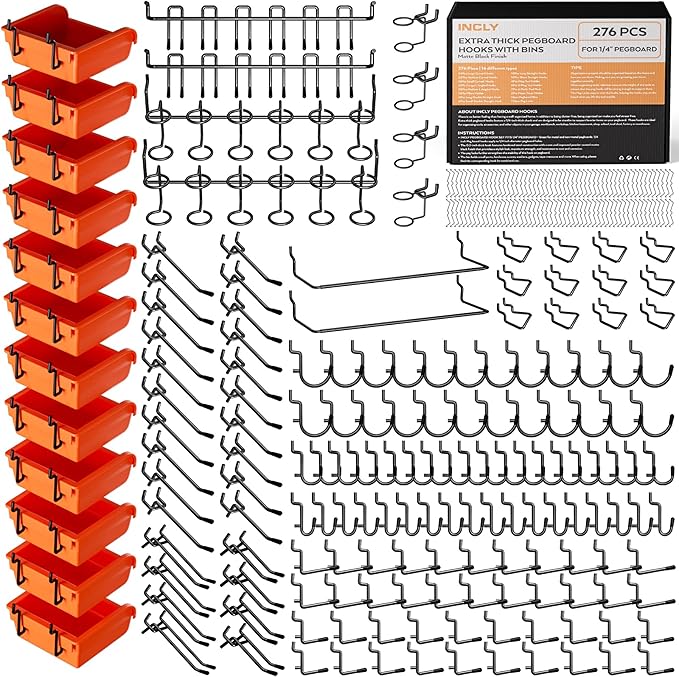 INCLY 276PCS Extra Thick 1/4" Pegboard Accessories Organizer Kit, Heavy Duty by INCLY