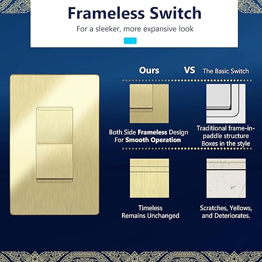 LIDER Brushed Gold Minimalist Design Decorator Switch, Frameless Paddle Wall - Image 4