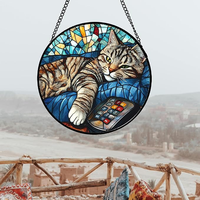 DASTOLL Stained Glass Window Hanging Gray Cat and Remote Control 7.8" - Image 5