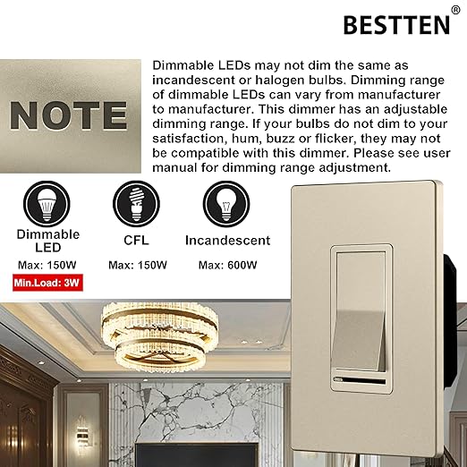BESTTEN 10 Pack Matte Champagne Gold Dimmer Light Switch, Single Pole or 3-Way - Image 3