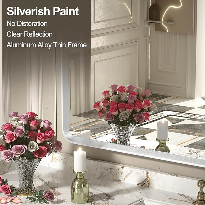 66x36 Inch Silver Framed Mirror, Brushed Nickel, Rounded Rectangle Mirror - Image 4