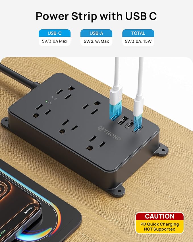TROND Surge Protector Power Strip, 15ft Long Extension Cord, ETL Listed - Image 3