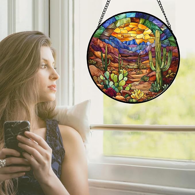 CRISGIF Stained Glass Window Hanging Cactus Mountains Landscape 9.8" - Image 4