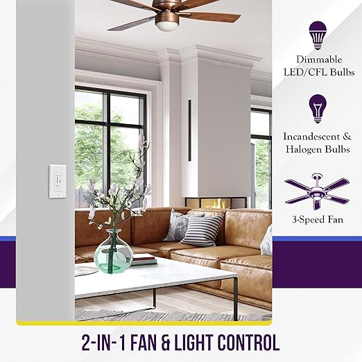 ENERLITES 3 Speed Ceiling Fan Control and Dimmer Light Switch, 2.5A Single Pole - Image 3
